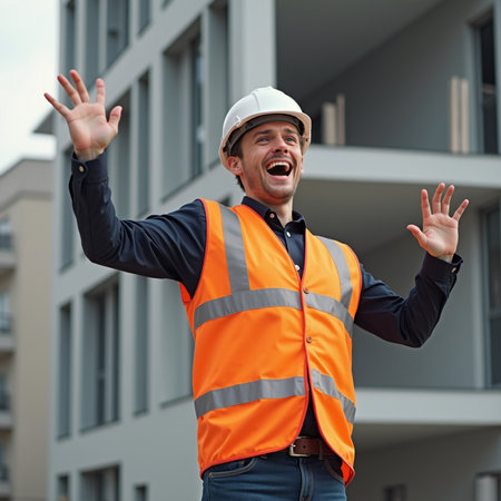 Portrait of happy male engineer in hardhat and reflective vest standing with arms raised on building backgroundの素材