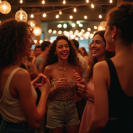 Group of friends dancing and having fun together at a music festival.の素材