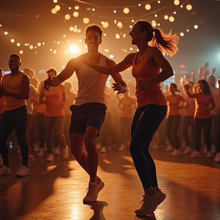 Sporty young couple dancing together in a nightclub. Multiethnic group of people.の素材
