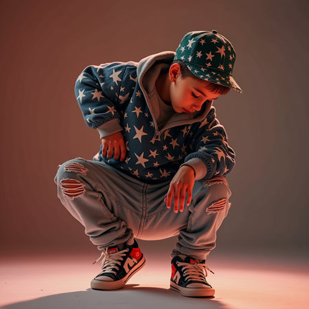 Stylish teen boy in hip hop style clothes posing on studio background.の素材