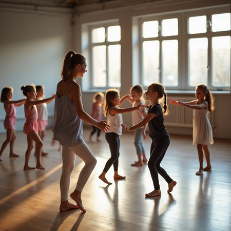 Group of children dancing modern hip hop in studio. Young girls dancing at dance class.の素材