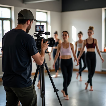 Front view of a professional videographer taking a photo of a group of young dancers in a dance studioの素材