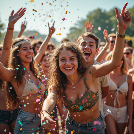 Group of friends having fun at a music festival, dancing and having funの素材