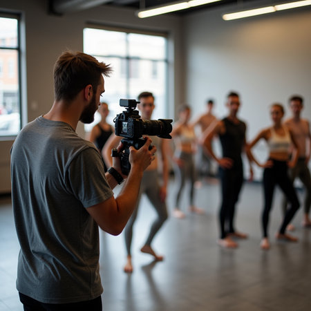 Young man taking a video of a group of dancers in a dance studioの素材