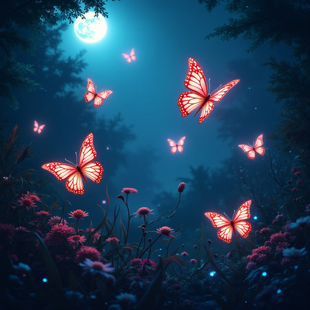 Night landscape with butterflies and flowers. 3D rendering. Computer digital drawing.の素材