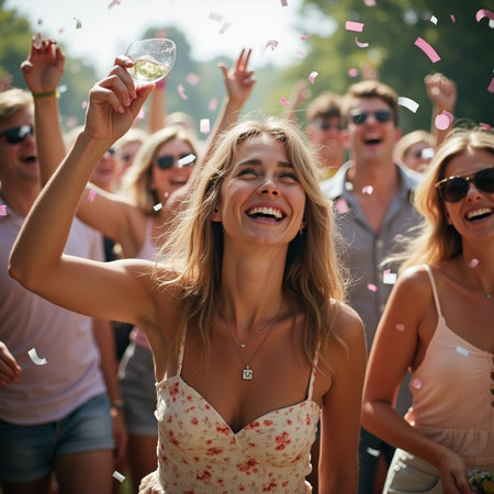 Cheerful young women dancing at a music festival with confettiの素材
