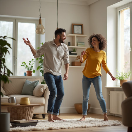 Happy young couple dancing together at home in the living room, full length portraitの素材