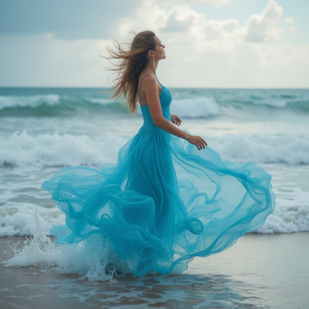 Beautiful young woman in a long blue dress on the seashoreの素材
