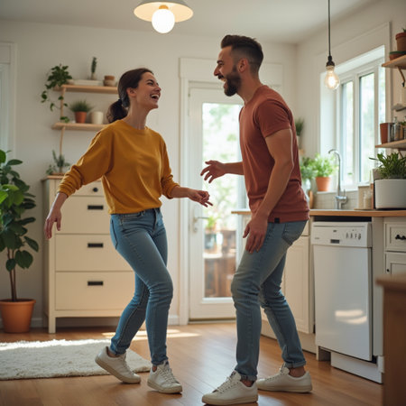 Cheerful young couple dancing together in the kitchen at home.の素材