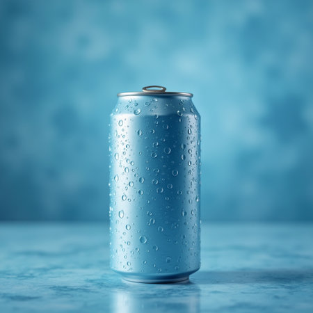 Aluminum soda can with water drops on blue background. 3d illustrationの素材