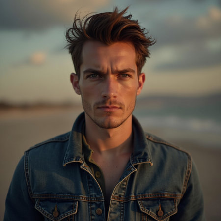 Portrait of a handsome young man at the beach. Men's beauty, fashion.の素材
