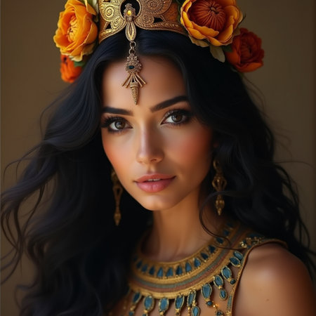 Portrait of a beautiful brunette woman in a crown of flowersの素材