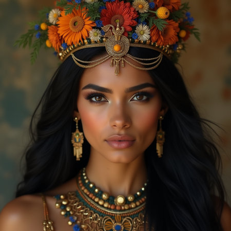 Beautiful asian woman in a crown of flowers on the headの素材