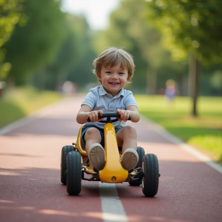 Cute little boy riding a toy car in the park on a sunny summer dayの素材