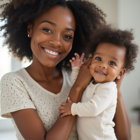 Portrait of happy African American mother with her daughter at homeの素材