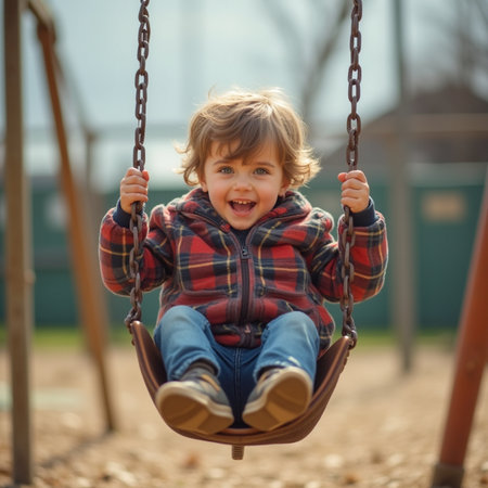 Cute little boy having fun on a swing in the playground.の素材