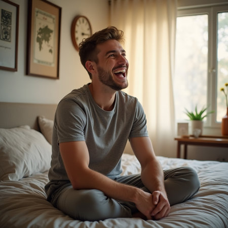 Portrait of happy young man laughing while sitting on bed at homeの素材