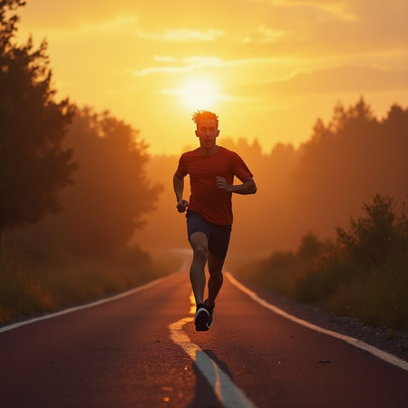 Running man jogging on country road at beautiful sunset. Sport fitness model caucasian ethnicity training outdoor.の素材