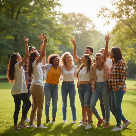 friendship, leisure, friendship and people concept - group of smiling friends waving hands in parkの素材
