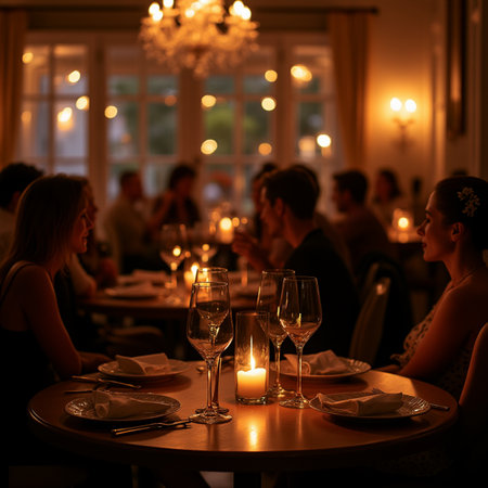 Luxury dinner in a restaurant. Group of people in the backgroundの素材