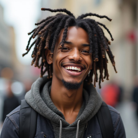 Portrait of a young African American man with dreadlocks in the cityの素材