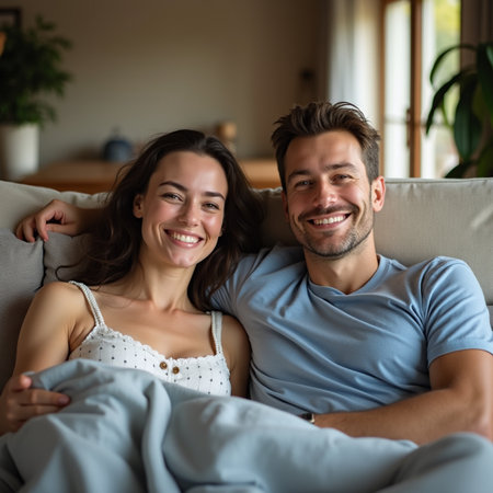 Portrait of smiling young couple sitting on sofa in living room at homeの素材