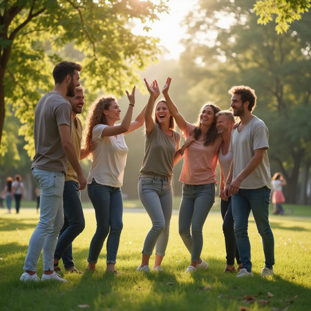 Group of friends having fun together in the park on a sunny dayの素材