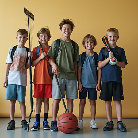 Group of happy children with sport equipment on yellow background. Kids playing basketball, tennis, baseball, basketball, soccer, tennis, rugby and hockey.の素材