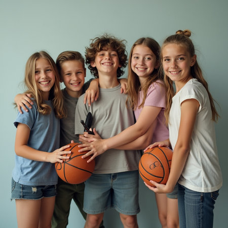 Group of happy kids with basketball ball on gray background. Smiling and looking at camera.の素材