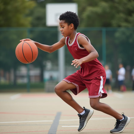 Portrait of a young boy playing basketball outdoors on a sunny dayの素材