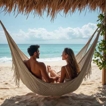 Young couple relaxing in hammock on tropical beach. Man and woman sitting in hammock and looking at each otherの素材