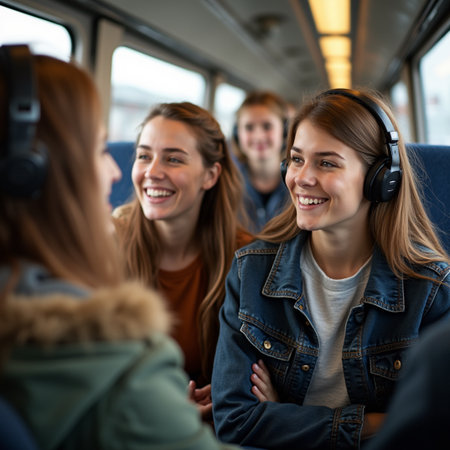 group of happy young people traveling by train and listening music with headphonesの素材