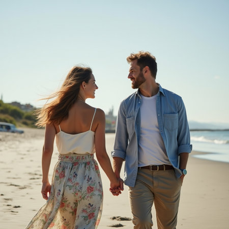 Beautiful young couple walking on the beach, holding hands and smilingの素材