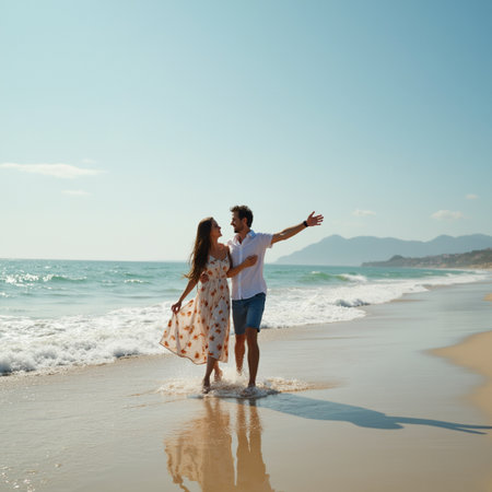 Romantic young couple walking on the beach, looking at each otherの素材