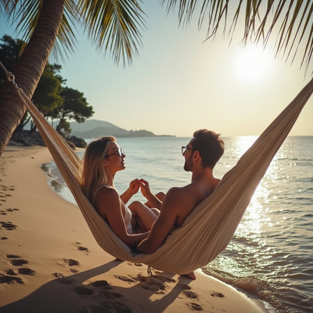 Couple in love relaxing in hammock on tropical beach at sunsetの素材