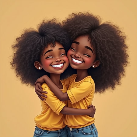 Happy african american mother and daughter hugging each other on yellow backgroundの素材