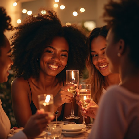 Beautiful young women clinking glasses with champagne while having dinner in restaurantの素材