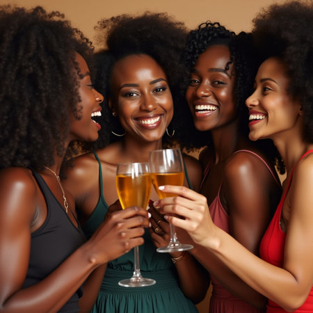 Group of happy young women toasting with glasses of champagne at partyの素材
