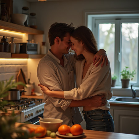 Happy young couple hugging and kissing while standing in kitchen at home.の素材