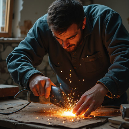 Close-up of a man working with a grinder in his workshopの素材