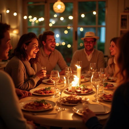 happy friends eating pizza and drinking champagne at christmas or birthday partyの素材