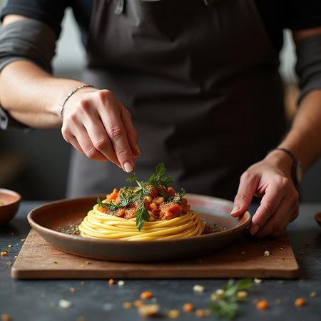 Close-up of female chef cooking pasta with tomato sauce and herbsの素材