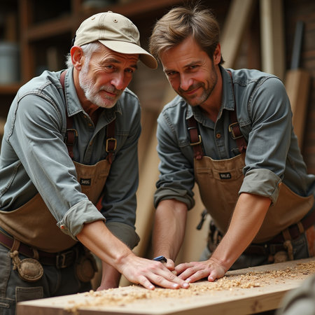 Two carpenters working with wood in a carpentry workshop.の素材