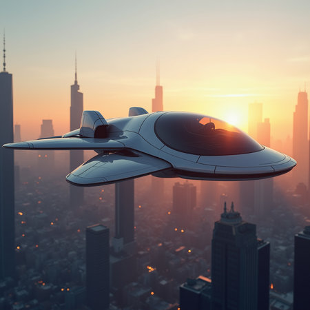 Futuristic spaceship flying over the city. 3D Renderingの素材
