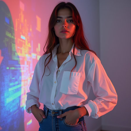 Portrait of a beautiful young woman in a white blouse and jeansの素材