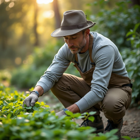 Farmer working in the garden at sunset. Selective focus.の素材