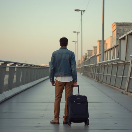 Back view of young man with suitcase walking on the bridge at sunsetの素材