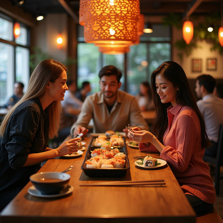 Group of young people eating sushi in a restaurant. Group of friends eating sushi in a restaurant.の素材