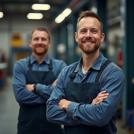 Portrait of two smiling auto mechanics standing with arms crossed in auto repair shopの素材