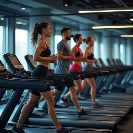 fitness, sport, training, gym and lifestyle concept - group of people running on treadmill in gymの素材